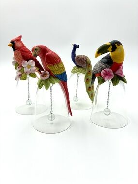 Lot of 4 Vintage Porcelain Exotic Bird Clear Glass Bells Cardinal Parrot Toucan